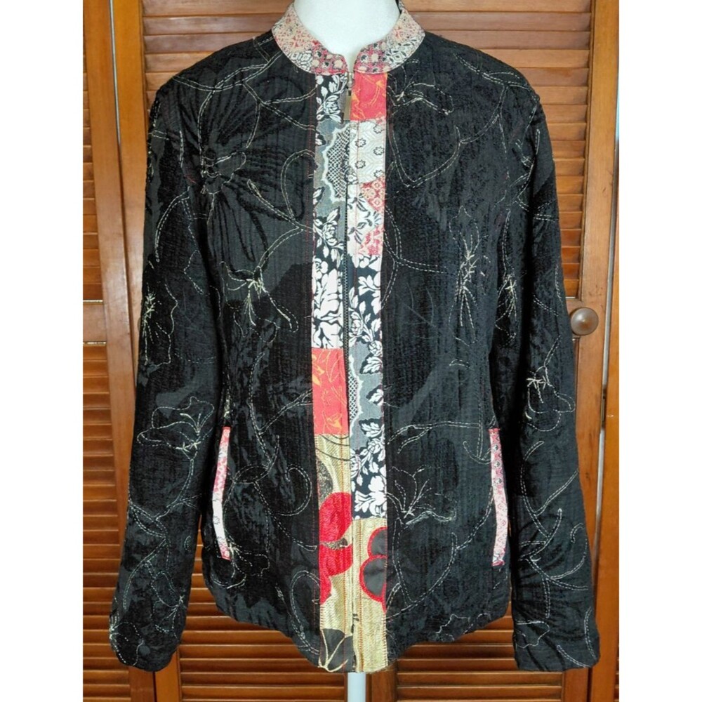 Gorgeous Chicos Black Velvet Asian-inspired Patchwork Silk Blend Jacket Sz 2 (L)